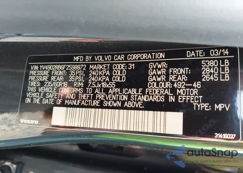 2015 Volvo Xc60 T6 from USA, damaged, VIN YV4902RB6F2598872